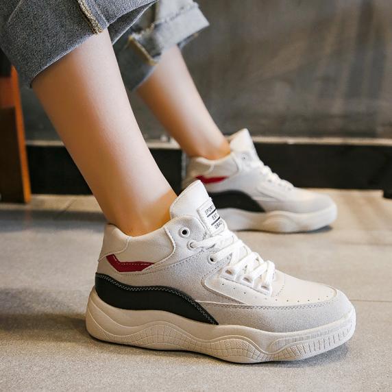 Lace-up High Top Sneakers Women Flats Comfortable Flat Rubber Platform Shoes Women Casual Vulcanized Shoes Autumn Women Shoes PU